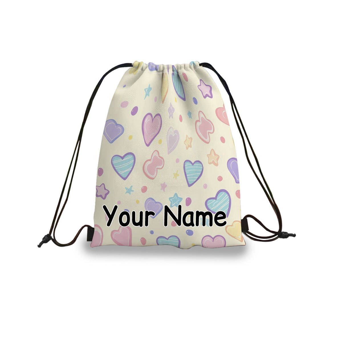 TEMU Custom Name & Text, 1pc Pastel Hearts And Stars Pattern Drawstring Backpack, Unisex Lightweight Sport Sackpack, Fitness Sports Storage Bag, For