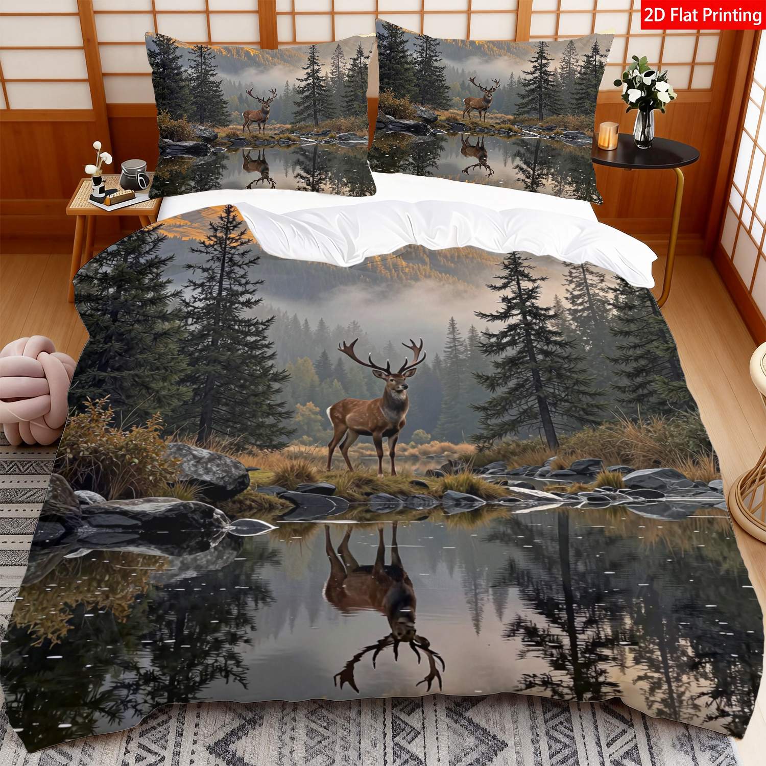TEMU 2/3pcs 2d Flat Printed Bedding Featuring - With Deer And Mountains In Earthy Colors, Showcasing A Forest Animal Print And Scenic , Ideal For
