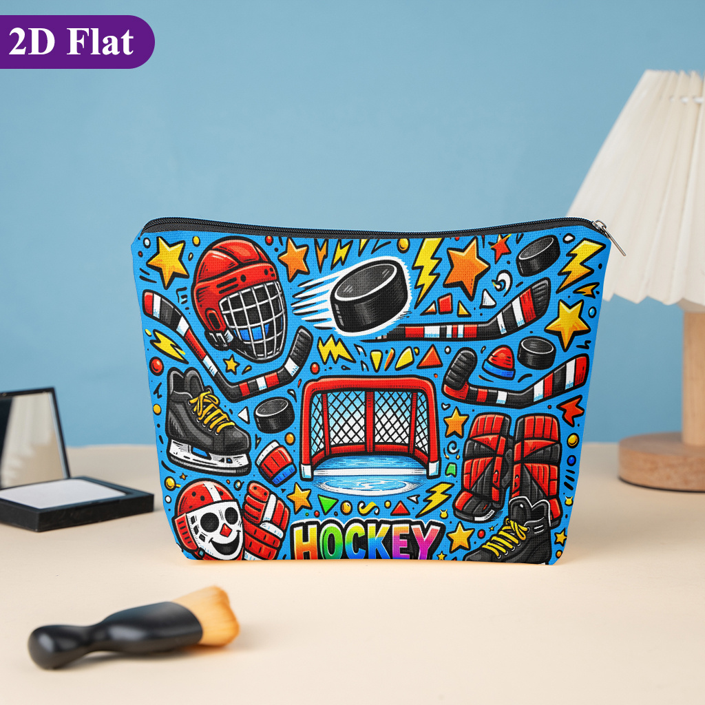 TEMU Cosmetic Bag 1pc, Ice Hockey Illustration, Featuring Fun Designs, This Double-sided Printed Women's Cosmetic Bag Is Perfect For Storing