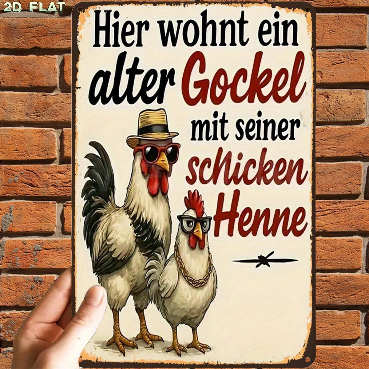 E-shop 2D-Flach, 2D-Flach, ., Vintage- Hühnerpaar-Schild, Metall- Blechschild, vorgebohrte Löcher, geeignet für Innenbereich, Garten, Außenbereich,