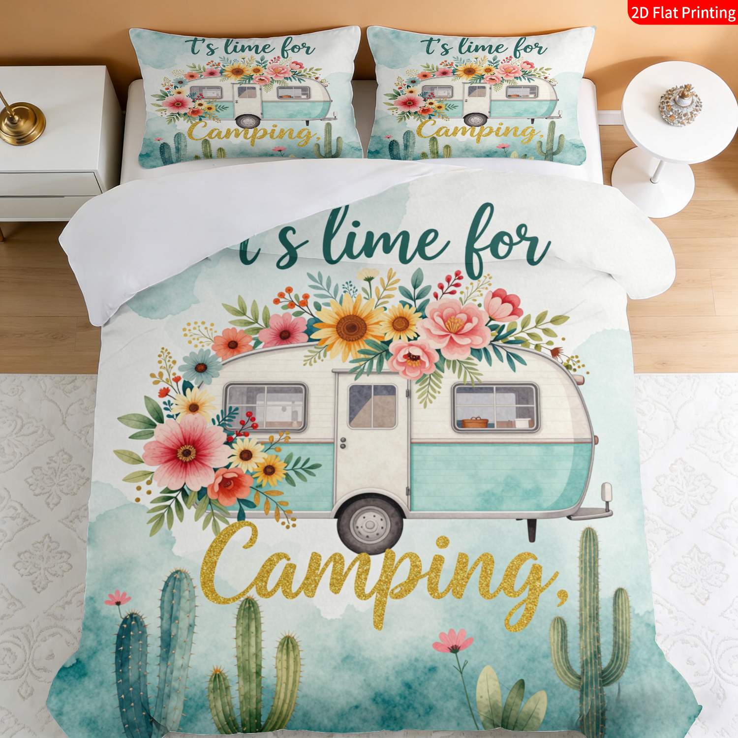 TEMU 2/3pcs 2d Flat Printing Boho Style Camping Theme Quilt Cover Bedding Teal White Watercolor Floral Cactus 