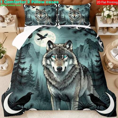 item picture 3pcs comforter set featuring a flat 2 of a wolf in a it a quilt core in blue and gray filled with fiber designed with u shaped quilting
