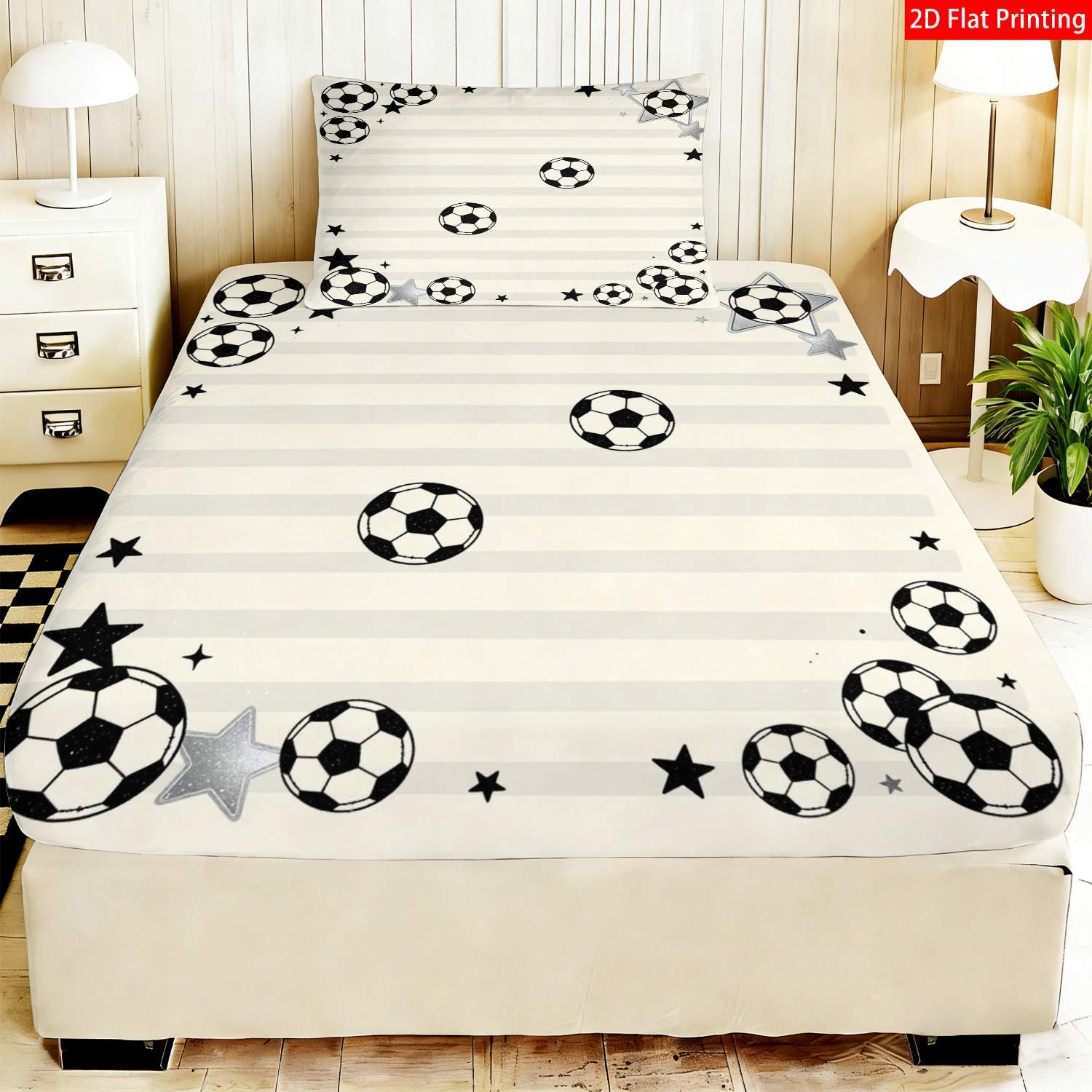 TEMU Set Of 2 Or 3pcs Of 2d Flat Printed Fitted Sheets Featuring A Design With A Soccer Theme, In Black And White Colors, Showcasing A Football And