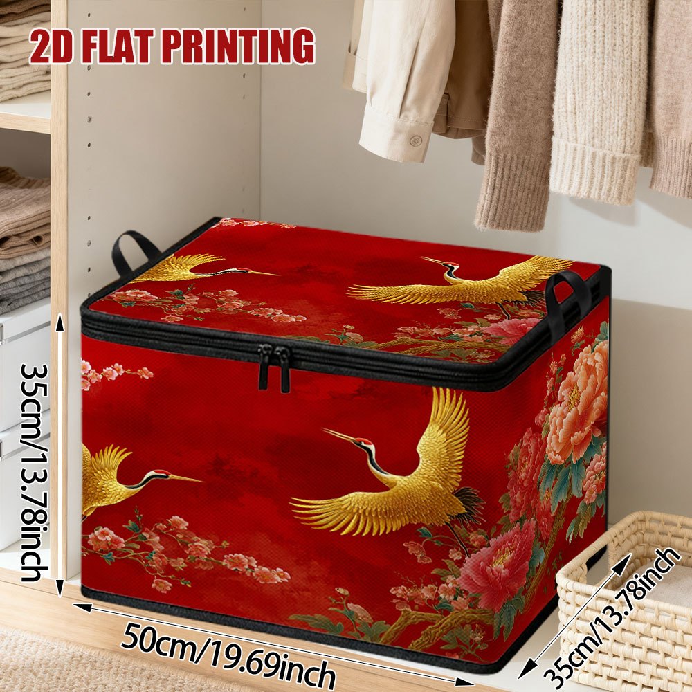 TEMU 1pc, 2d Flat Printing,non-real Embroidery Storage Box With Lid, Golden And Cherry Blossoms Storage Box - Large Capacity Foldable Box, Zippered