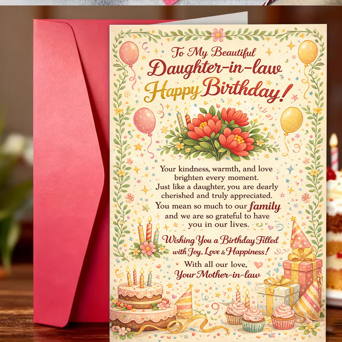 TEMU 1pc Birthday Greeting Card Featuring Flowers, Cakes, Balloons, Confetti, And Gifts, With "to My -in-law, Happy Birthday." Suitable For