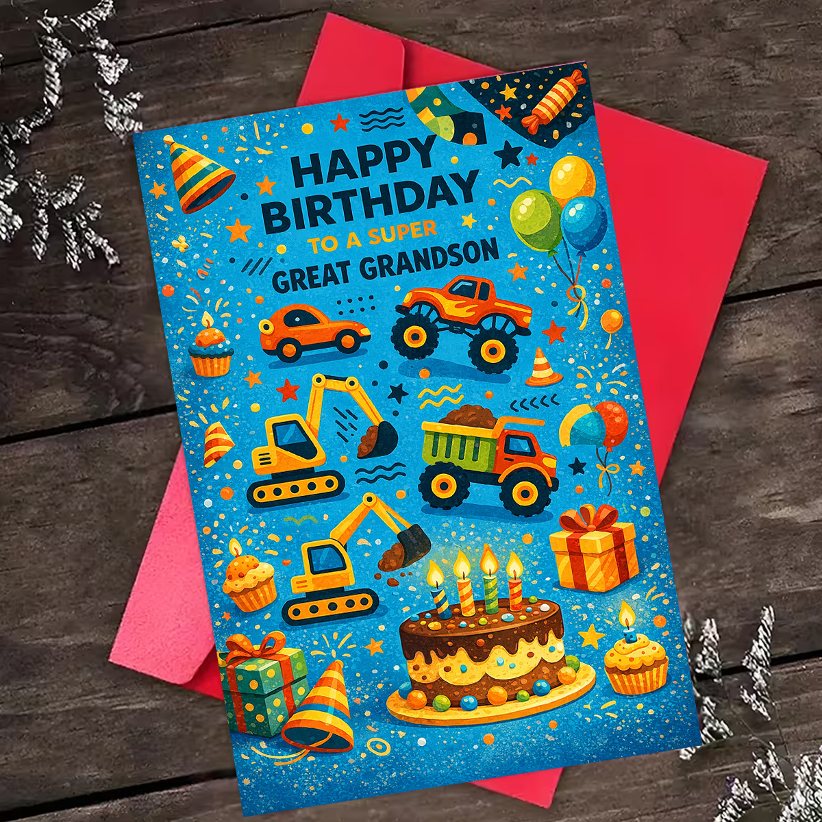 TEMU 1pc Vibrant Birthday Greeting Card, Cars Trucks Balloons Cake Stars "happy Birthday To A Great Grandson", Suitable For Grandson, Birthday,