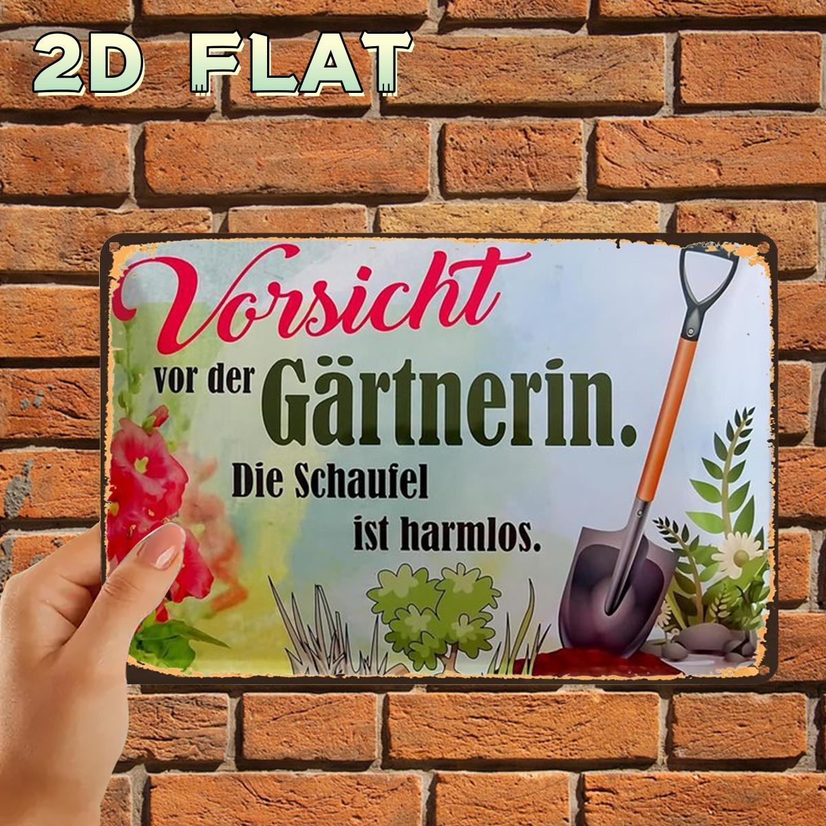 E-shop 2D Flat - Ein 2D flaches Metallschild mit einem -Garten-Warnungsdesign mit einer Schaufel. Es wird mit vorgebohrten Löchern geliefert, was es