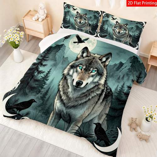 3pcs comforter set featuring a flat 2 of a wolf in a it a quilt core in blue and gray filled with fiber designed with u shaped quilting