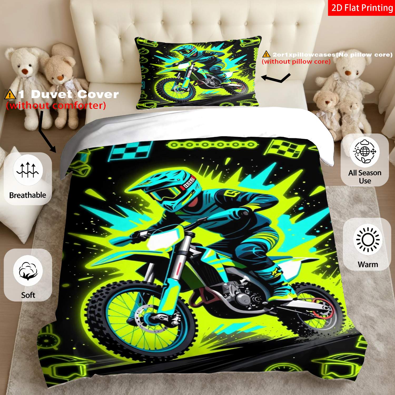 TEMU 2/3pcs 2d Flat Printing Motocross Quilt Cover Bedding Black With Neon Green/blue Racing Motocross Rider & Gear Print Suitable For Occasions(1