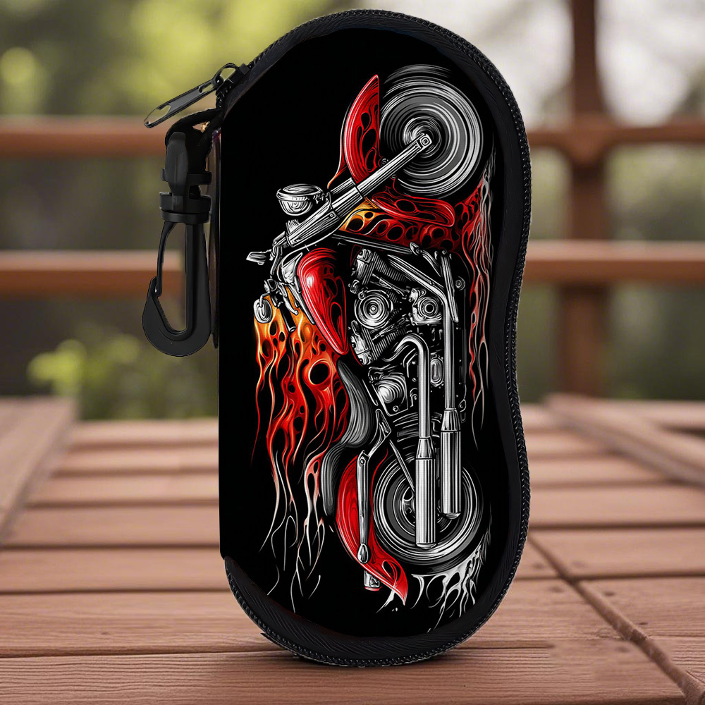 TEMU 1pc Vintage Motorcycle-themed Case Suitable For Storing Glasses & Wallets, Double-sided Flame Print Zipper Closure Cover, Ultralight Polyester