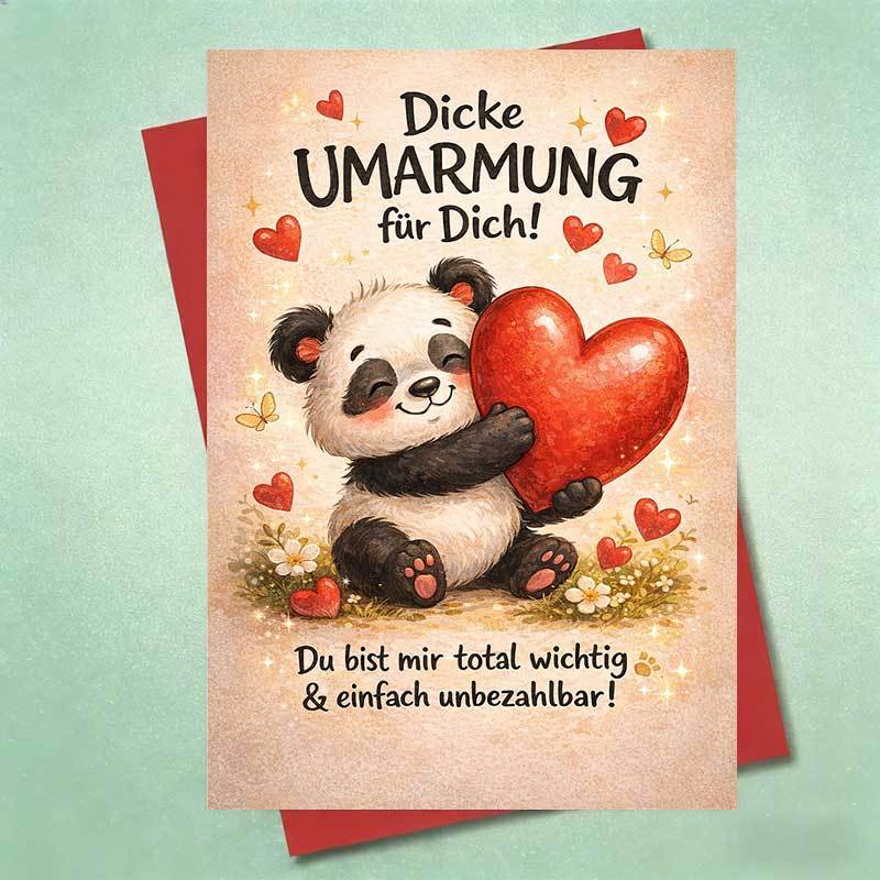 E-shop Niedliche Panda Umarmung Grußkarte mit Herz Illustration Liebe Wertschätzung Denkt an Dich Besser Bald Jahrestag Valentinstag Geschenk für