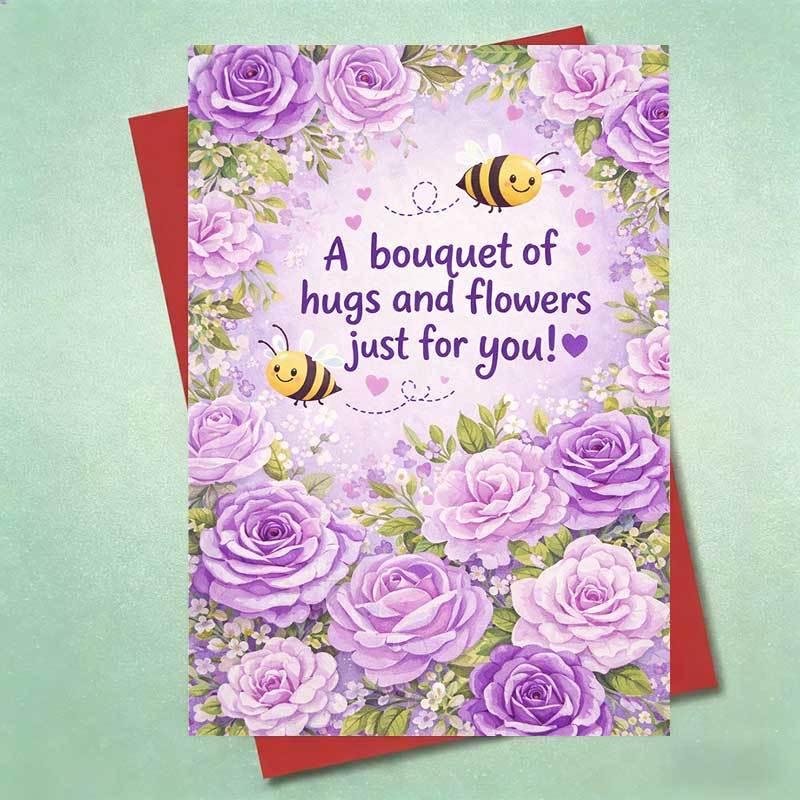 TEMU 1pc Greeting Card And 1pc Envelope, 1pc Purple Greeting Card Bouquet Of Hugs And Flowers Cute Floral Pattern Suitable For Wife, Husband, Mom,