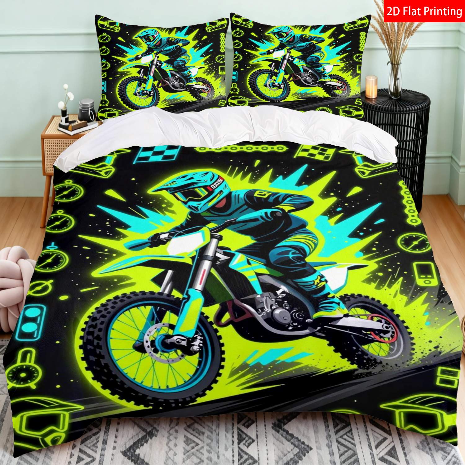 TEMU 2/3pcs 2d Flat Printing Motocross Quilt Cover Bedding Black With Neon Green/blue Racing Motocross Rider & Gear Print Suitable For Various