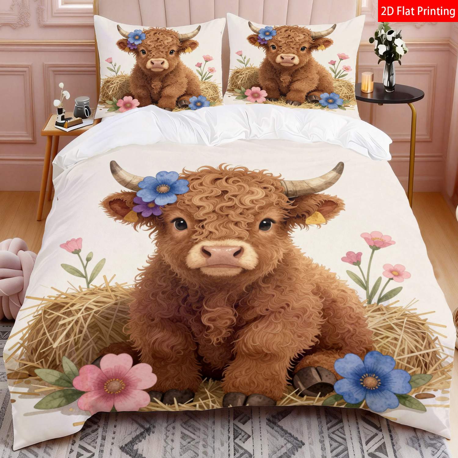 TEMU 2/3pcs Of 2d Flat Printed Adorable Cartoon Bedding Featuring A Quilt Cover With A Brown, White, Blue, And Pink Floral Highland Cow Design,