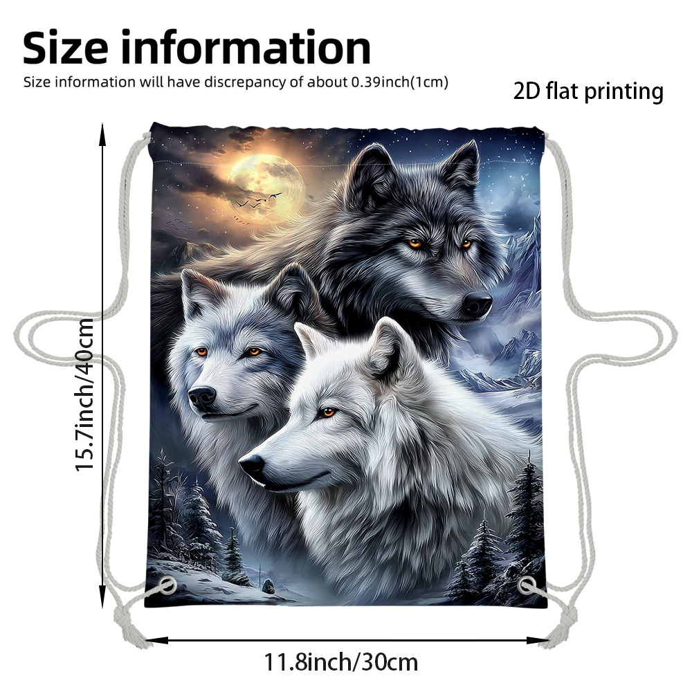 TEMU 1pc 2d Flat Printed Fashion Backpack: Stylish Unisex Casual Travel Backpack With Spacious Capacity, Lightweight Drawstring, Wolf Pack Design. A
