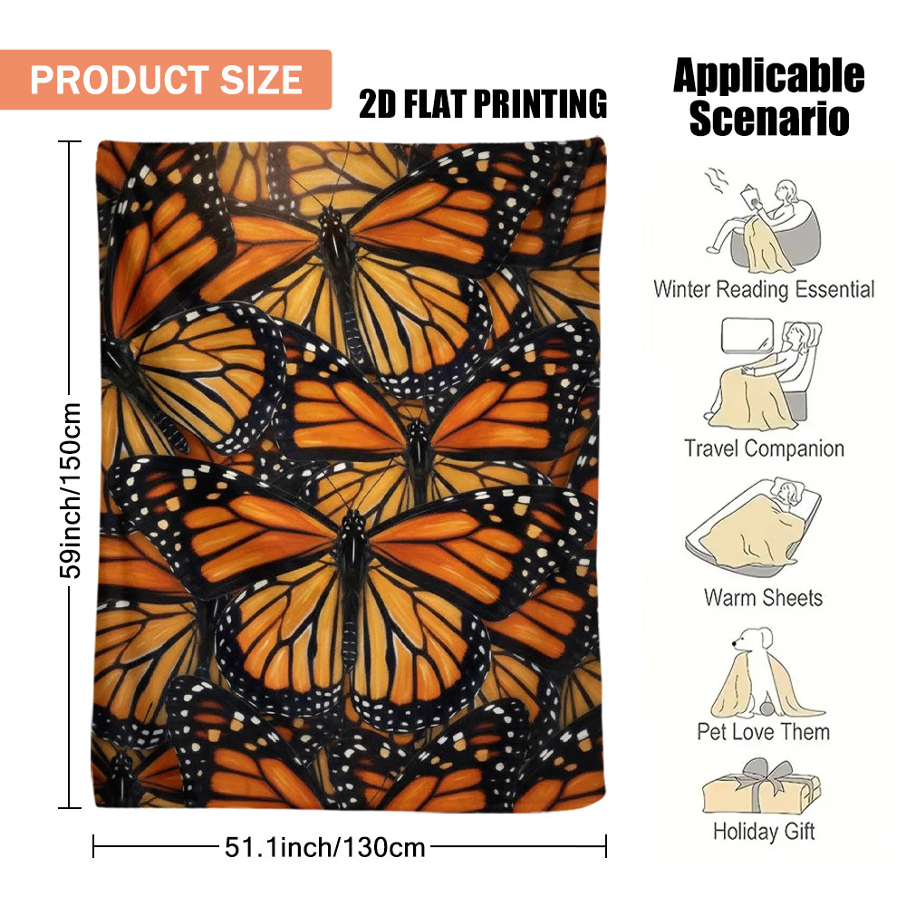 TEMU 1pc Orange Monarch Butterflies Print Blanket, For Use, Ideal For Sofa,, Travel, Camping, Living Room, Bedroom, Study, Bay Window, Daily Rest