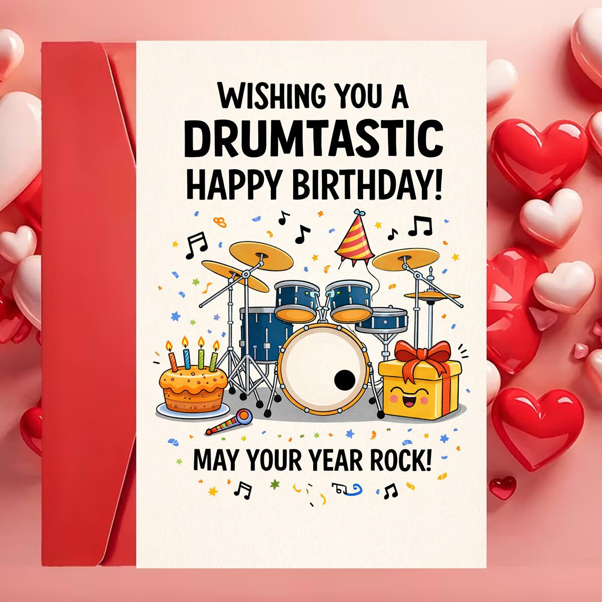 TEMU A Vibrant Birthday Card Featuring A Drum Set Cake Gift And Musical Note Patterns, Printed With The Words "may Your Year ", Designed Specifically