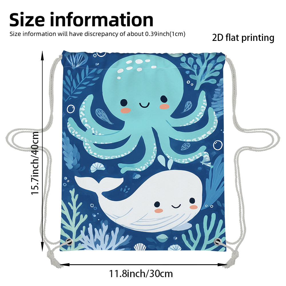 TEMU 1pc 2d Flat Printed Drawstring Backpack | Unisex Athletic Fitness Bag With Smiling Octopus And Whale Print, Fashion Bag, Suitable For Athletics,