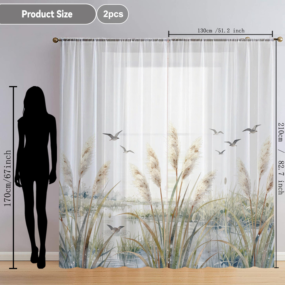 TEMU 2pcs Of Watercolor Reed And Printed Sheer Curtains For Home Decoration, Featuring A Modern Artistic Style, Suitable For Kitchens, Cafes, Dining