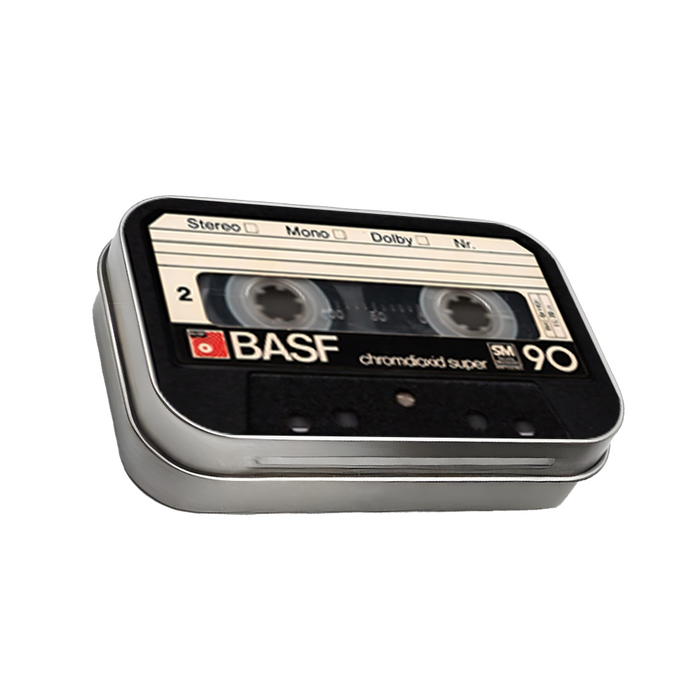 Image of 1pc Square Metal Hinged Tin Box With Vintage Cassette Tape Design, Mini Lidded Storage Bins, Storage Bins For Small Items, Decorative Organizer Container For Desk, Home, Office, Retro - Style Decor