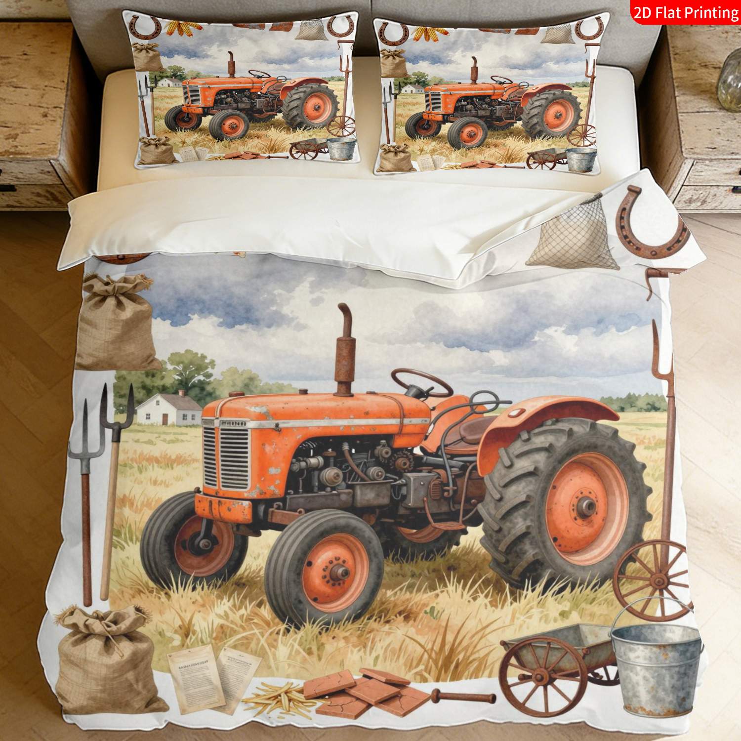 TEMU 2/3pcs Of 2d Flat Printed Bedding Featuring A Rustic Farmhouse Style With A Tractor And Harvest Theme In Orange And Brown, Showcasing Vintage