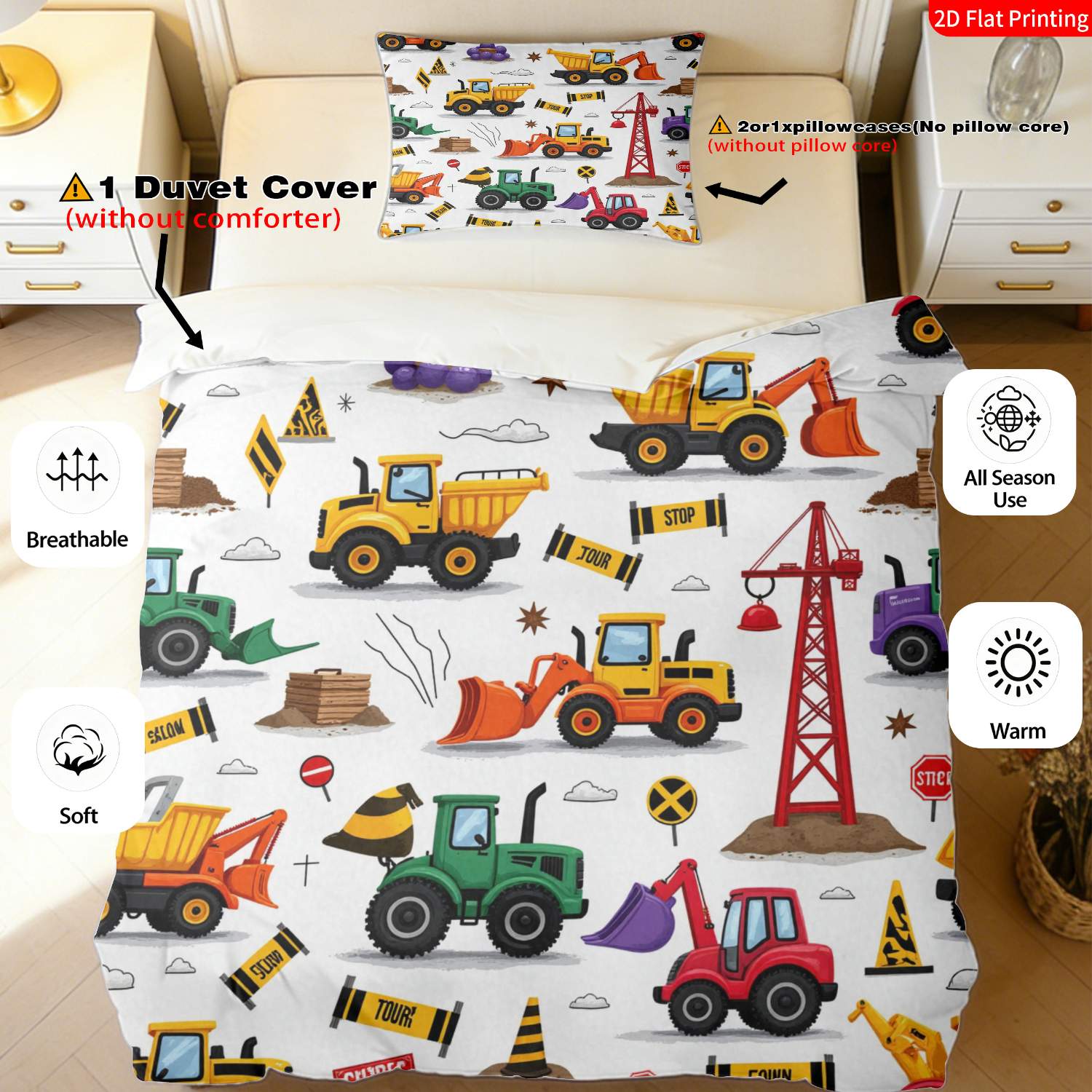 TEMU 2/3-teiliges 2D-Flachdruck-Bettwäsche-Set mit modernen Baumaschinen, multicolor Design mit Bulldozern, LKWs, Kranen und Verkehrsschildern, ideal