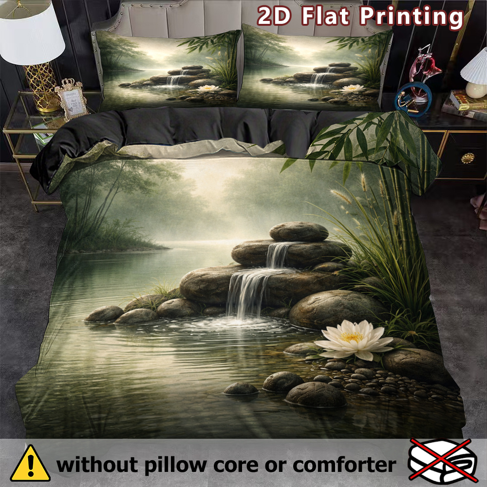 TEMU 3pcs Zen Bamboo For Lotus Stream Bedspread - Watercolor Landscape Duvet Cover & Pillowcases Suitable For Bedding, Breathable Polyester Comforter