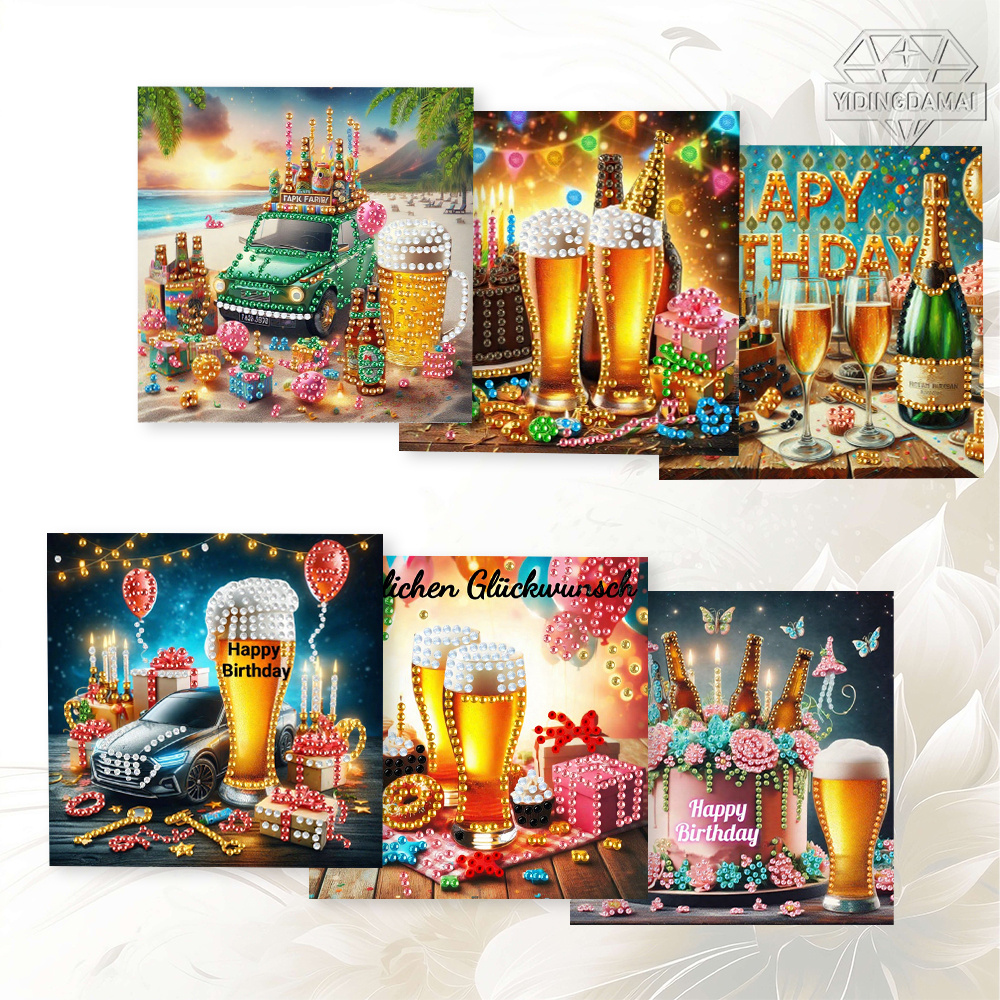 TEMU 6pcs Unique And Creative Cartoon Free Happy Beer Festival Theme Birthday Cards, Design. Round Rhinestone Painting Back Printed Card Handmade Set