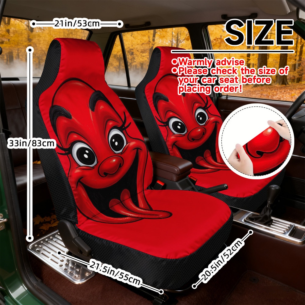 TEMU 2d Flat Printing, 2pcs Red Cartoon Face Car Seat Covers, Universal Front Seat, Comfortable And Soft Seat Covers, , Machine Washable, Vehicle