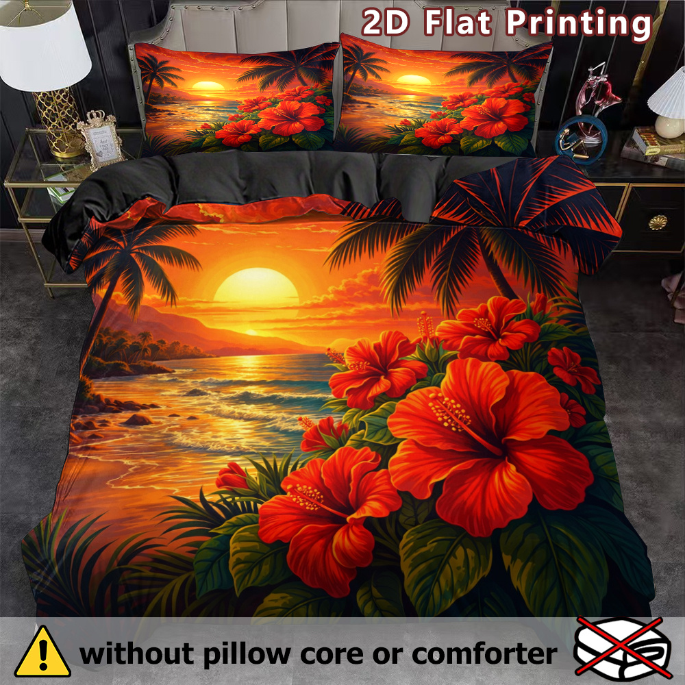 TEMU 2d Flat Printing 3pcs With Hibiscus Duvet Cover Set, Oil - Painting Style, Nature Theme, Breathable Polyester, All - Season, Machine Washable, ,