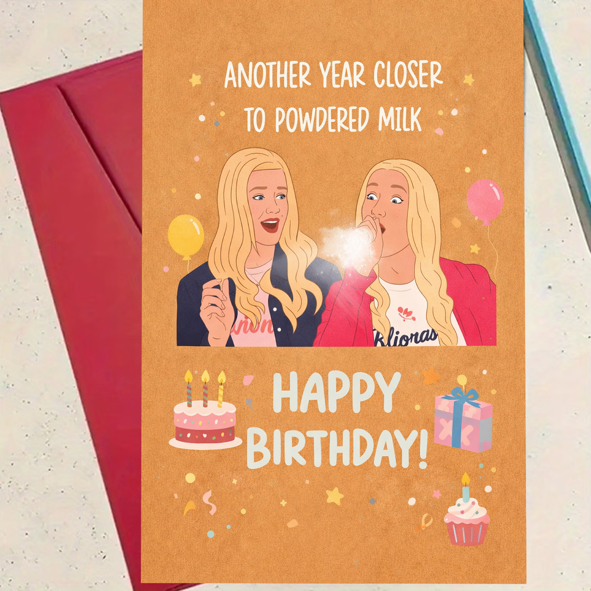 TEMU 1pc Birthday Greeting Card, Featuring 2 Blonde Laughing With Balloons And Cake, With "another Year Closer To Powdered Milk. Happy Birthday."