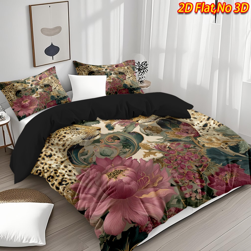 TEMU 2/3pcs 2d Flat Printed Spring And Summer New Arrival Double Leopard Floral Themed Duvet Cover Set, High-definition Digital Printed Bedding (1