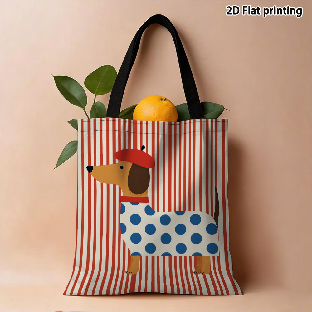 TEMU 1pc Double-sided Printing Polka Dot Dog Pattern Tote Bag For Shopping, Beach - Reusable Heat Transfer Durable Bag, Spacious Rectangular Design,