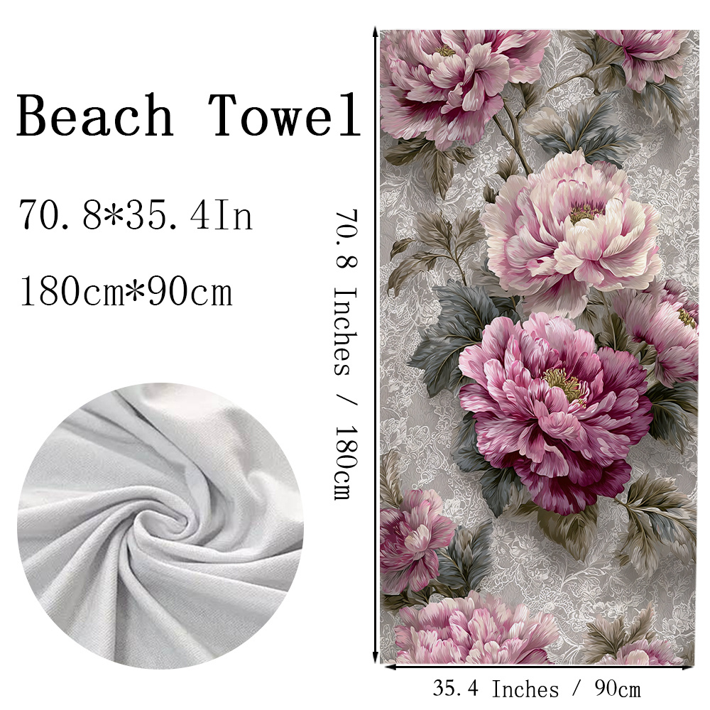 TEMU 1pc Hand-painted Pink-purple Peony Vintage Patterned Beach Towel | Quick-drying, Polyester Fiber | Versatile For Yoga, Travel, Swimming, And