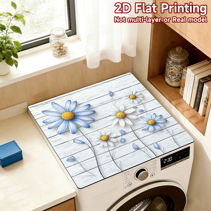 TEMU New 1pc Pack, 2d Flat Printing, Washing Machine Top Protector Pad, Blue And White Daisy Pattern, Suitable For Washing And Drying Machines,