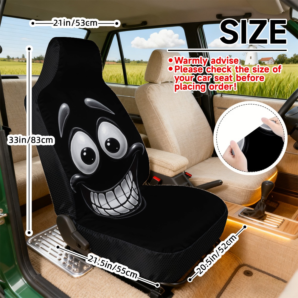 TEMU 2d Flat Printing, 2pcs Vehicle Seat Covers Front Passenger, Durable Car Seat Covers, Smiling Cartoon Face Themed Style, Soft Seat Covers, ,