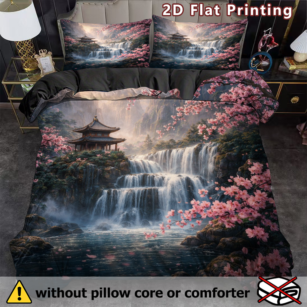 TEMU 2d Flat Printing 3pcs Cherry - Pagoda Landscape Duvet Cover Set, Scenic Print, Nature Theme, Breathable Polyester, All - Season, Machine