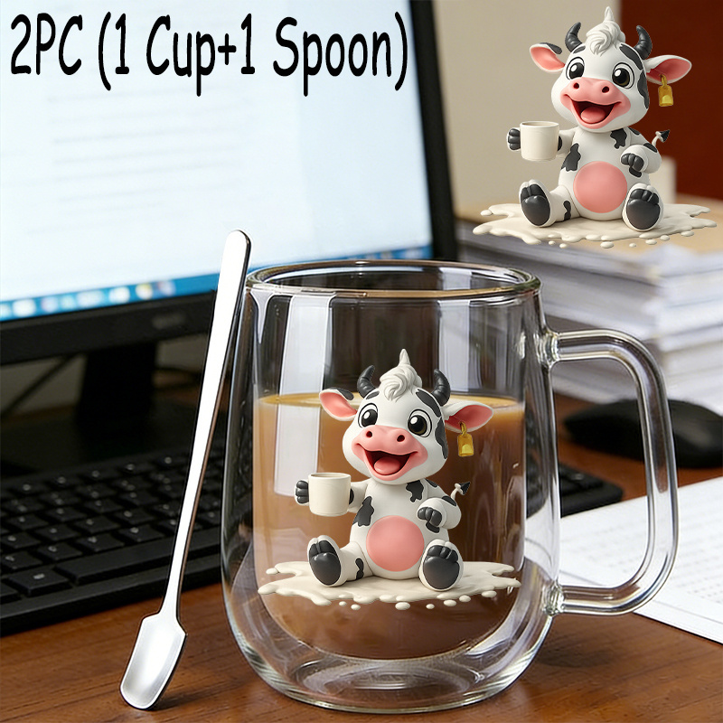 TEMU 2pcs(1pc Glass Cup 1pc Spoon),insulated Double-walled Borosilicate Reusable Water Cup With Handle,large Capacity Clear Coffee Mug For Beverages