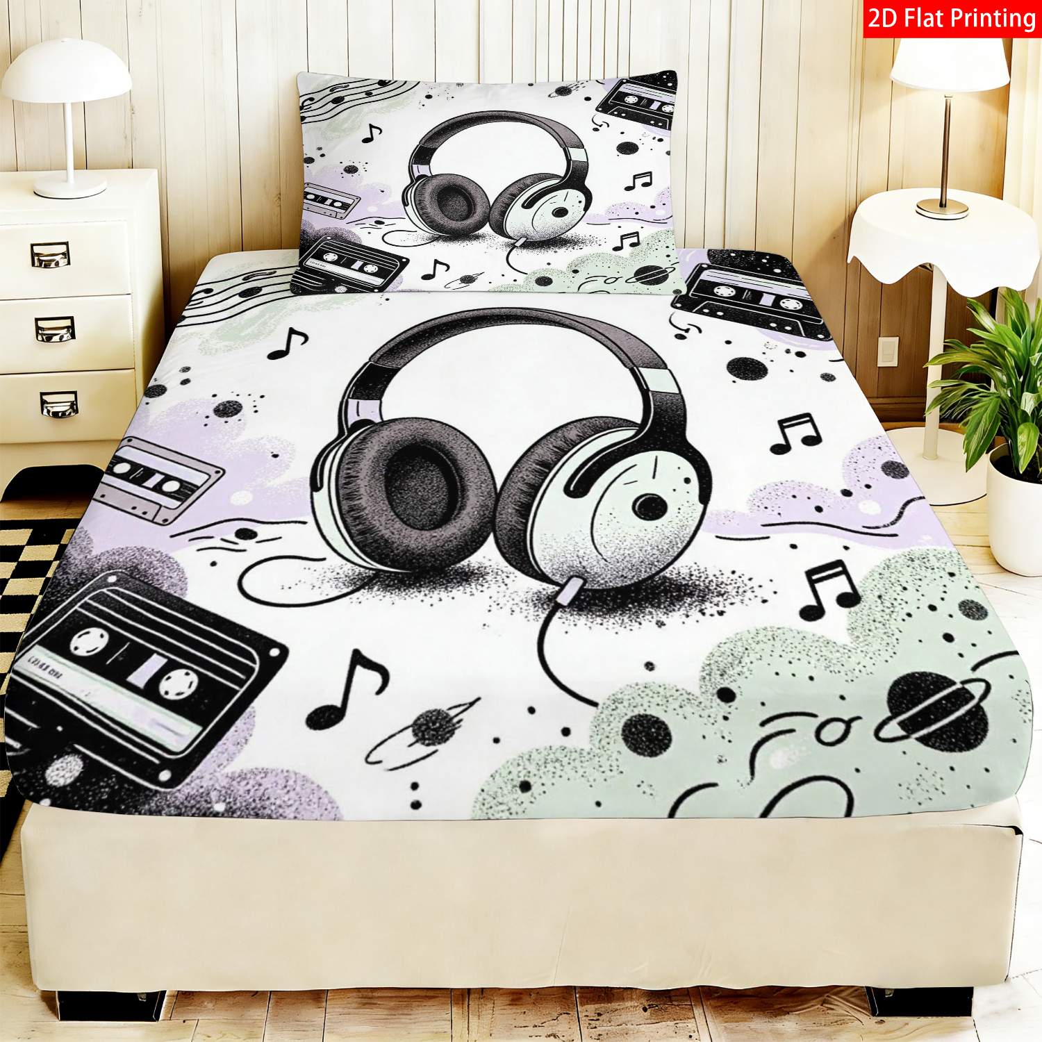 TEMU Juego de 2/3 piezas de ropa de cama de retro para decoración de dormitorio - Sábanas con estampado de casete y auriculares, sábana bajera con