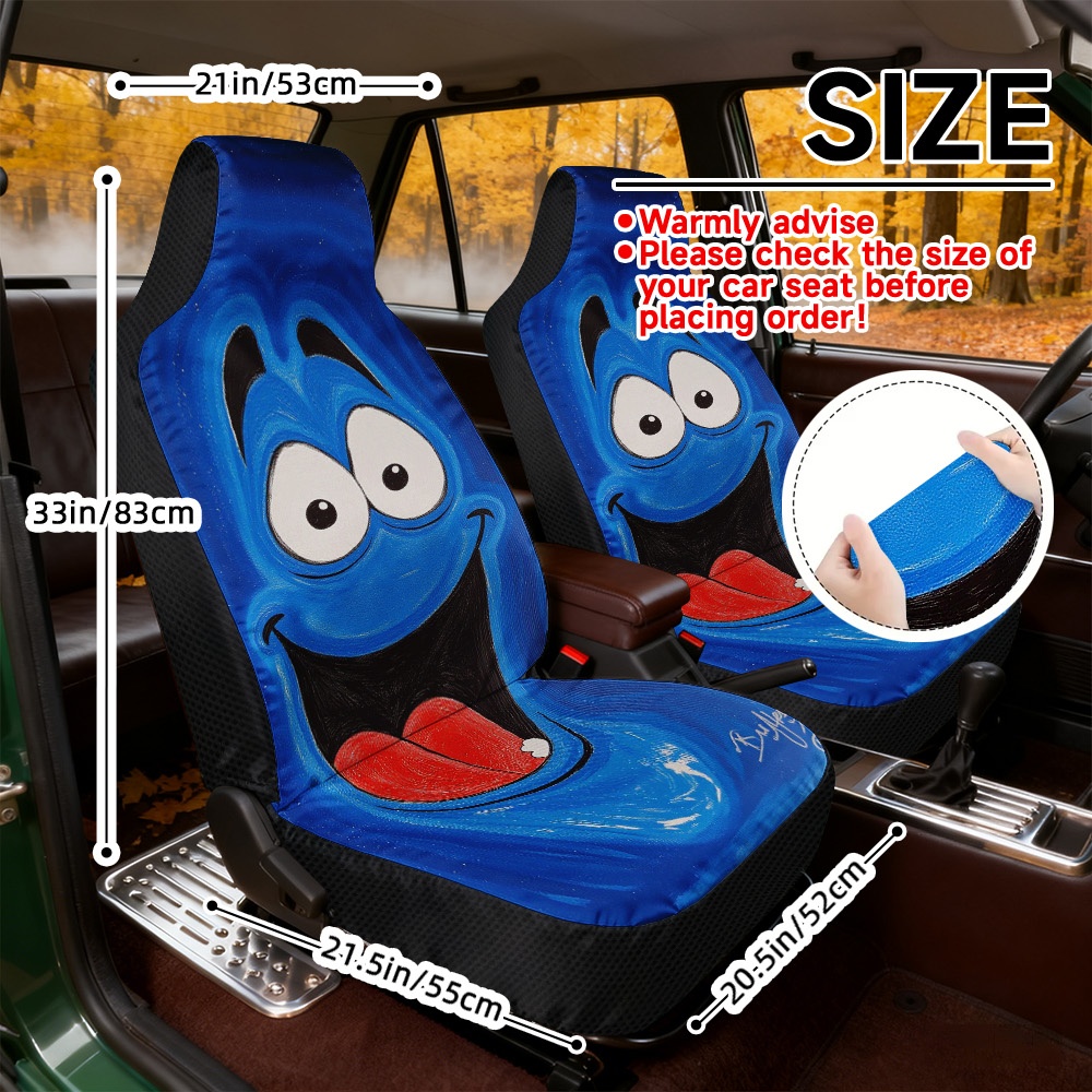 TEMU 2d Flat Printing, 2pcs Car Seat Covers Front Seat, Soft Seat Covers, Universal Fit Seat Covers, , Smiling Blue Cartoon Face Print, Comfortable