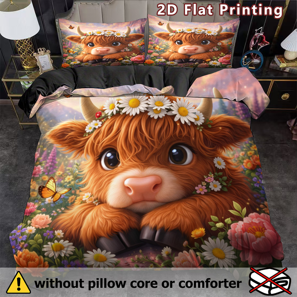 TEMU 3pcs Highland Cow Bedspread With Pillowcases Suitable For Bedding, Pastel Scottish Cow Print Duvet Cover, Breathable Polyester Comforter Cover,