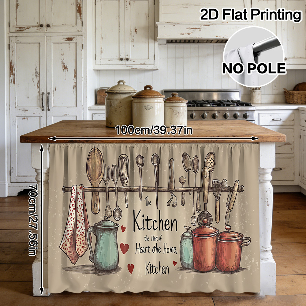 TEMU 2d Flat, 1pc Cabinet Curtain - Kitchen Utensils And Hearts Pattern, Simple Hanging Installation, , Washable, Long-lasting, Space-saving Design,