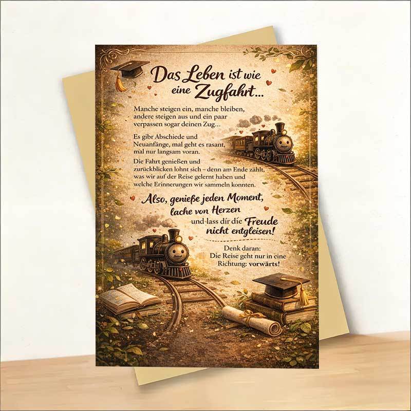 E-shop „Das ist wie eine Zugfahrt“ Karte mit Vintage-Zug-Illustration, inspirierender Gruß für Abschluss, , Neuanfänge, Ermutigungsgeschenk für