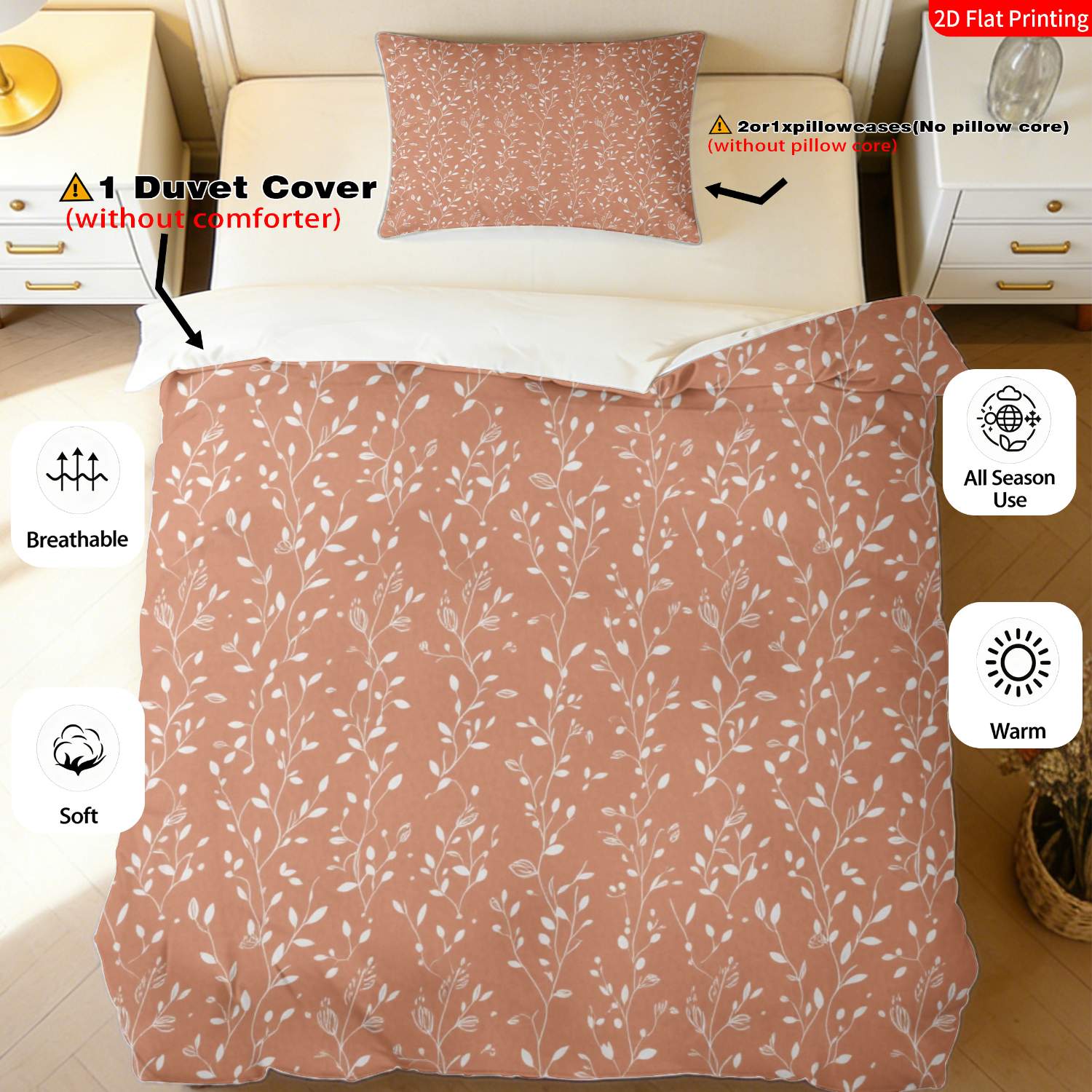 TEMU 2/3pcs 2d Flat Printing Duvet Cover Set Modern Minimalist Style Botanical Theme Bedding ***m Terracotta Color White Leaf Vine Pattern Suitable