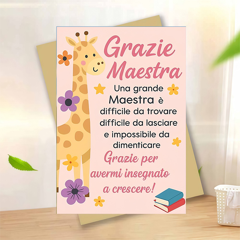 TEMU 1pc Grazie Teacher Appreciation Card, Cute Giraffe Italian Thank You Greeting Card For Teachers, End Of Year Graduation Appreciation Card From