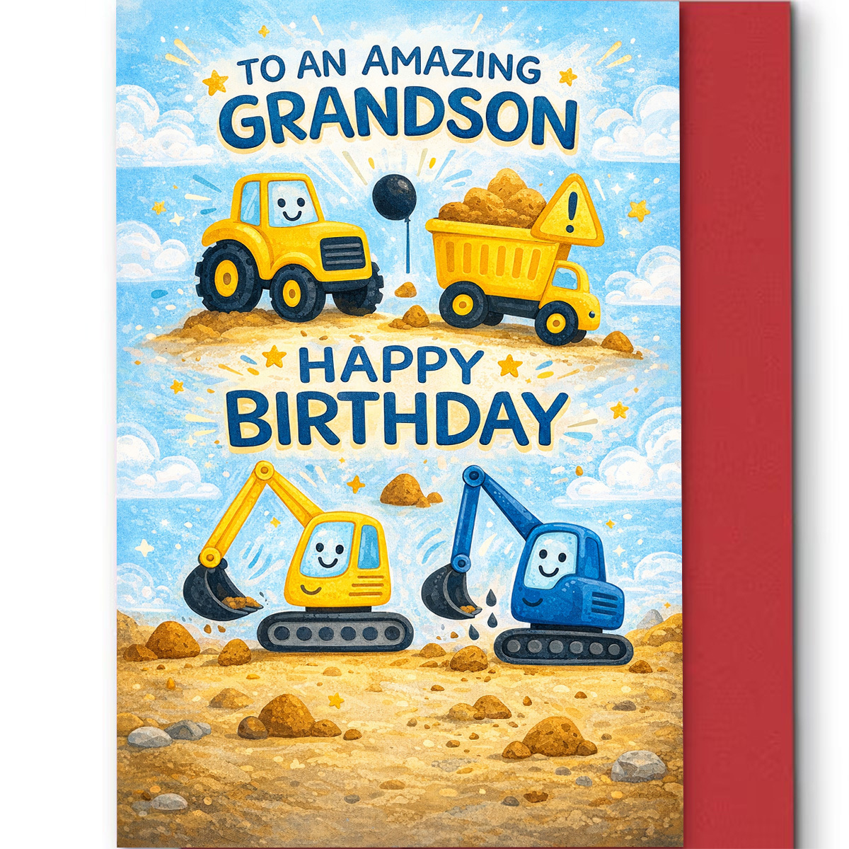 TEMU 1pc Birthday Card, Cute Engineering Trucks And Excavators Printed, "happy Birthday" Text, Suitable For Grandson, Birthday Theme, Cartoon Style,
