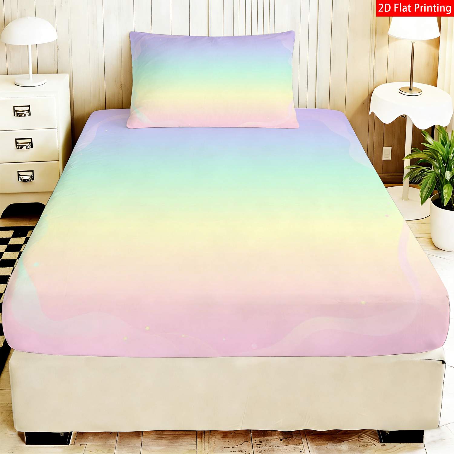 TEMU 2/3pcs Drap-housse Imprimé 2D * Thème Moderne, Dégradé Pastel, Literie, Ombre Rose--Vert , Impression de Transition de Couleur Lisse, pour