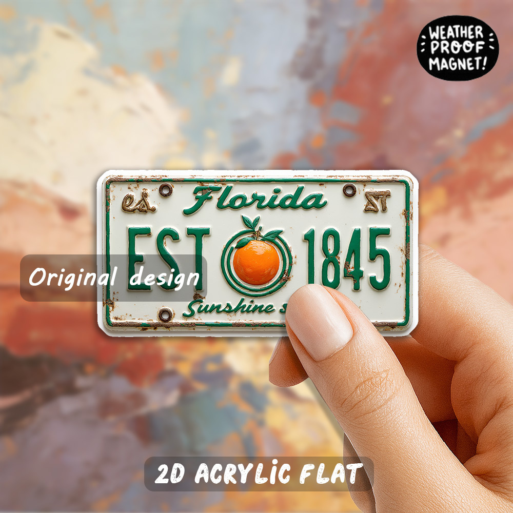 TEMU 1 stuk 2D platte acryl koelkastmagneet, Nieuwjaar, Valentijnsdag, Pasen, vintage Florida kentekenplaat - Klassiek -ontwerp met oranje symbool &