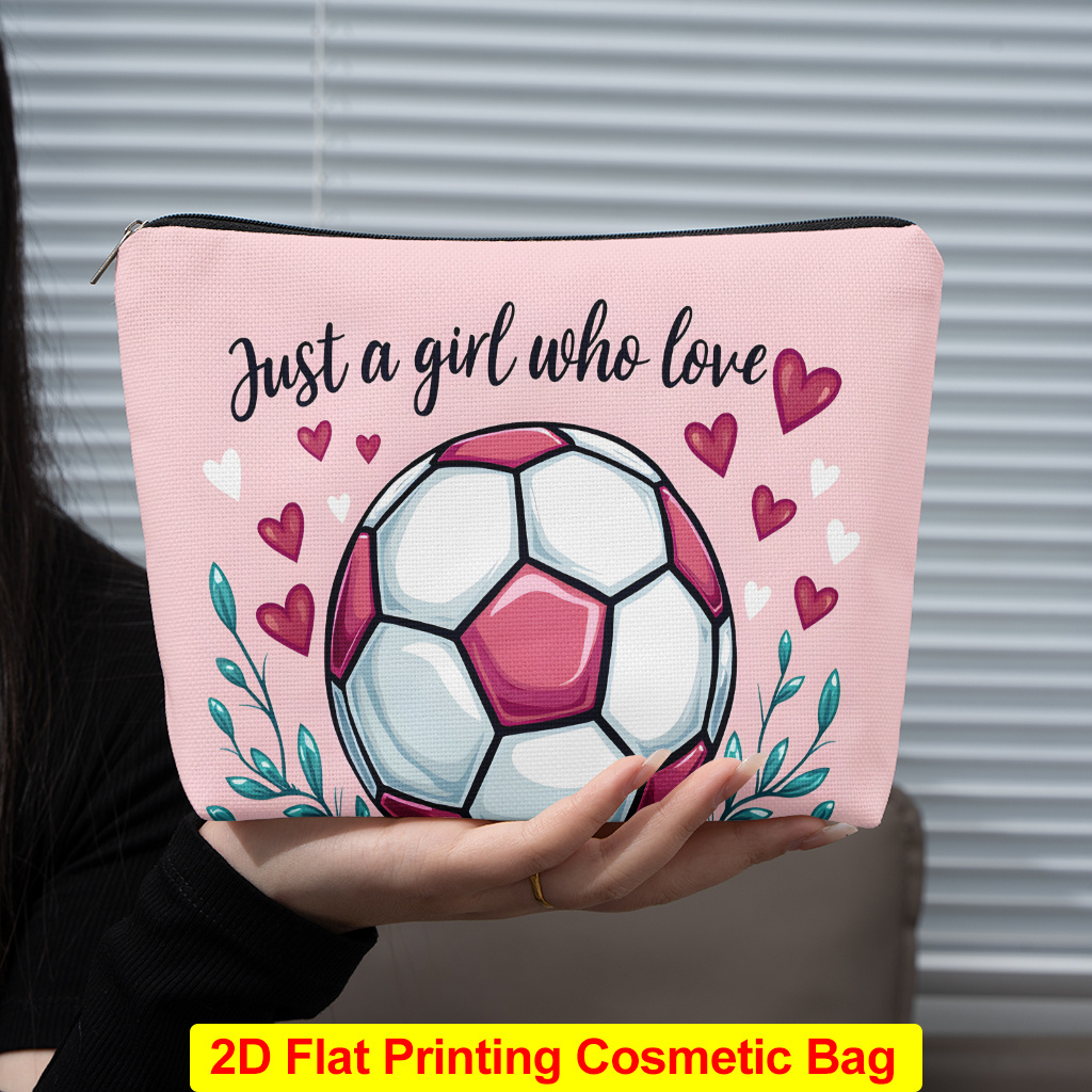 TEMU 1 Makeup Bag, Cute Girl With Soccer Design Women's Linen Makeup Bag, Lightweight Travel Cosmetic Pouch With Zipper, Stylish Toiletry Organizer