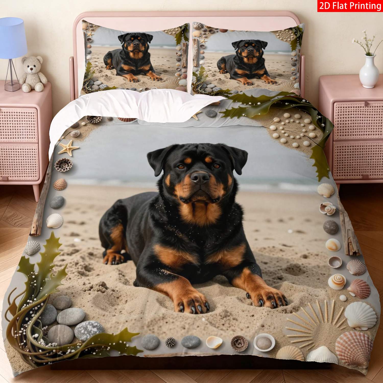 TEMU 2/3pcs 2d Flat Printing Rottweiler Dog Theme Quilt Cover Bedding Print With Shells Starfish Seaside Elements Suitable For Occasions (1 X Duvet